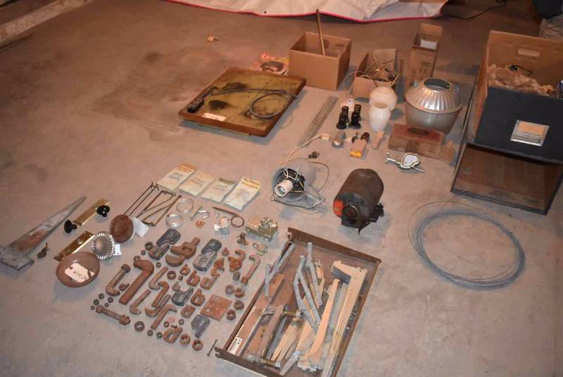 lot 246 image: Old Electrical Fixtures, Parts & Pieces, Hardware Art Pipe Wrench Parts, Etc.