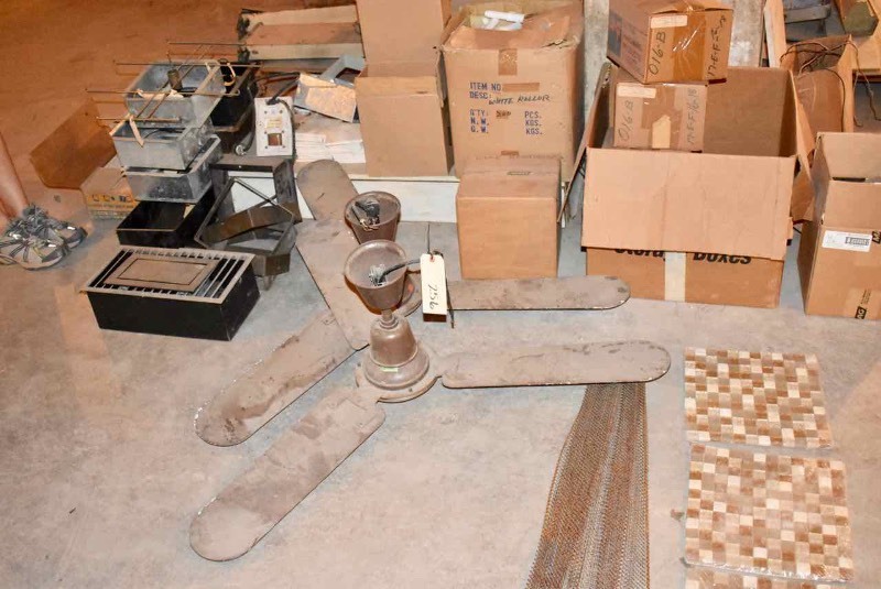 lot 256 image: Asst. hardware locks, door enforcers, old fans, tiles, vents, etc.