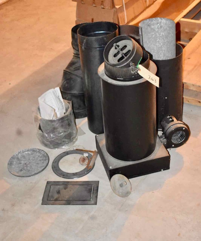 lot 263 image: Stove Pipe Parts, Pieces, a Damper, a Blower