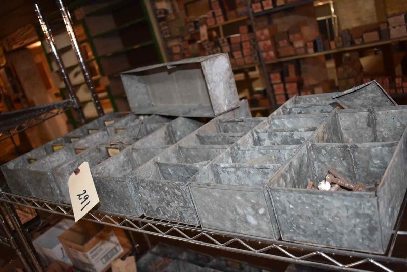 lot 291 image: (8) Old Galvanized Hardware Store Divided Bins