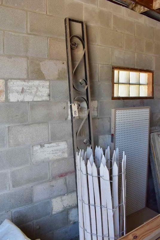 lot 320 image: (2) Wrought Iron Patio Posts & White Picket & Wire Fence Section