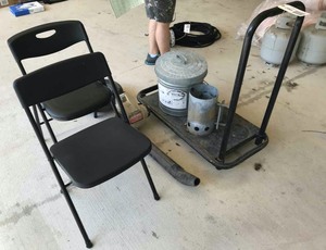 lot 290 image: Folding Chairs, Cart, Blower, Can, Etc.