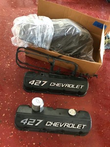 lot 298 image: Chevy 427 Aluminum Valve Covers, Oil Pan, Gaskets, Spark Plug Harness