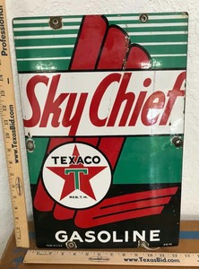 lot 236 image: Porcelain Enamel Pump Sign Sky Chief Texaco