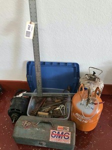lot 258 image: Asst. Old Tools, Tanks, Motor, Tool Chest, Pump