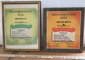 lot 57 image: (2) Boerne Motor Company  1953 & 1954  Paper Certificate and Plaque