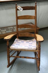 lot 65 image: Antique Rocker, mule ear ladder back rush seat