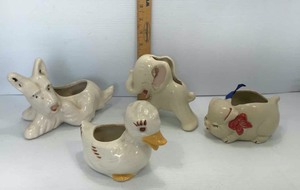 lot 76 image: (4) Vintage Art Pottery Planters Dog, elephant, duck, pig