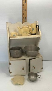 lot 79 image: Homemade Childs Toy Kitchen Cabinet and Little Dishes