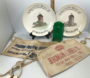 lot 84 image: Old Boerne  (2) Benedictine Tower Plates, Match Holder, (2) Nail Aprons  Bergmann Lumber & McQuinn Building