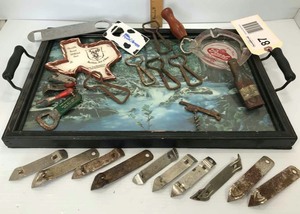lot 87 image: Beer Items  Pearl Ashtray, Lone Star Brewing Co. Texas Shaped Dish, Pabst Blue Ribbon and Bottle OpenersChurch Keys