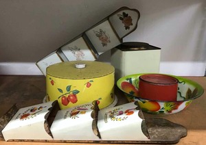 lot 93 image: Vintage Cake Tin, Letter Holders, Canisters