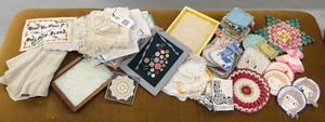 lot 97 image: Hand Worked Linens, Doilies, Hot Pads, Pillow Cases