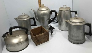 lot 123 image: Vintage Coffee Pots, Tea Kettle, Wooden Box