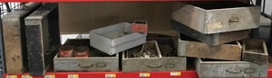 lot 124 image: Old Wood Drawers, Insulators, Chain, Etc.