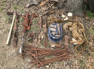 lot 136 image: Assorted Axe & Pick Heads, Hide Stretchers, Pump Handle, Rope