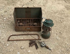 lot 138 image: Lantern, Camp Stove, Rusty Saw & Church Keys