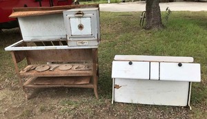 lot 145 image: Antique Kerosene Stove Frame and a Porcelain Enamel Stove Topper, Stove Parts