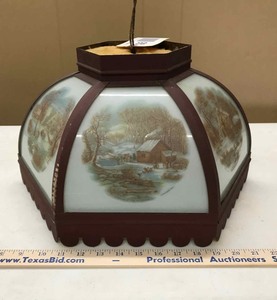 lot 128 image: Vintage ceiling light paneled Currier & Ives country scenes