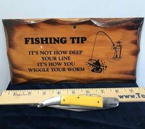 lot 143 image: Fishermans Folding Sabre Knife, Wood Sign