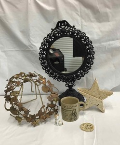 lot 326 image: Assortment  Mirror, Stoneware Mug Cox & Purves Bosom Cups, Porcelain. Bulldog, Stone Star, Vintage Copper & Tin Cowboy Life Wreath
