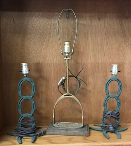 lot 327 image: (2) Horse Shoe Lamps, (1) Lamp Base Brass English Stirrup (needs to be rewired)