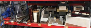lot 344 image: Asst. Displayer Items, Old Metal Drawers, Easels, Guitar Stands