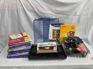 lot 350 image: Asst. Partial Boxes of Business CardsPhoto Paper, Cash Tray, Wire Baskets, Etc.