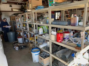 lot 46 image: Shelf and Contents  Asst. & Miscellaneous Hardware, Paint, Sprays, (5) Plastic Shelving Units