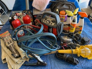lot 65 image: Auto Car Items Jumper Cables, Booster Box, Fire Extinguishers, Trouble Light, Etc.