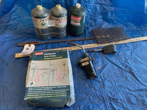 lot 66 image: Little Green Propane Bottles, (2) Torch Heads, Extension Hose, Metal Fabricated Scoop