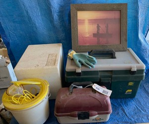 lot 68 image: Tackle Box, Some Fishing Tackle, Minnow Bucket, (2) Old Frog Gigs