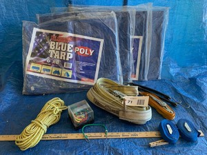 lot 71 image: (4) Blue Poly Tarps, Parts & Pieces of Ratchet Straps, Big Yellow Ratchet Strap